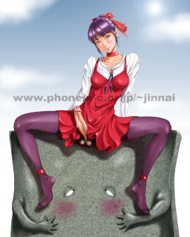 1futa background balls blush breasts choker clothed clothing cock dick dickgirl dress dusty_heaven erect_penis erection futa_only futanari gegege_no_kitarou hair_ribbon human intersex large_penis light-skinned_futa light_skin long_sleeve_shirt looking_at_viewer mostly_clothed nekomusume nurikabe pantyhose penis penis_out precum precum_drip purple_hair sitting small_breasts testicles uncensored watermark yellow_eyes youkai