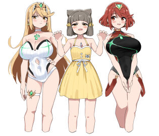 3girls breasts core_crystal female female_only fried_bocky hi_res highres large_breasts multiple_females multiple_girls mythra mythra_(radiant_beach)_(xenoblade) nia pyra pyra_(pro_swimmer)_(xenoblade) simple_background swimsuit white_background xenoblade_(series) xenoblade_chronicles_2