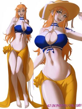 1girls arm_tattoo bare_legs bare_shoulders bare_thighs big_breasts bikini_top bikini_top_only blue_tattoo blush breasts clothed clothing color female female_focus female_only hat hi_res inner_sideboob large_breasts light-skinned_female light_skin long_hair looking_at_viewer nami_(one_piece) nami_(pre-timeskip)_(cosplay) navel one_piece opalisart orange-haired_female orange_eyes orange_hair post-timeskip pre-timeskip sarong shounen_jump solo solo_female tagme tattoo thick_thighs time_paradox