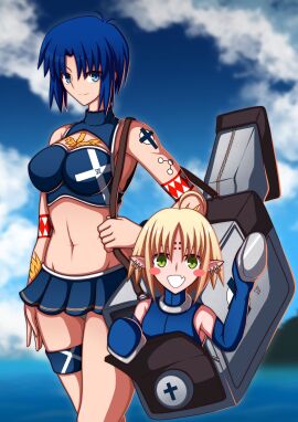 2girls absurdres arm_tattoo bag bare_arms blonde_hair blue_eyes blue_hair breasts chest_tattoo ciel_(tsukihime) cleavage cloud cloudy_sky cross crucifix earrings female green_eyes highres jewelry kagetsu_tooya looking_at_viewer medium_breasts melty_blood multiple_females multiple_girls nanako_(tsukihime) navel panties pointy_ears sakurello seventh_holy_scripture short_hair simple_background skirt sky smile stomach tattoo thighs tomboy tsukihime underwear waving