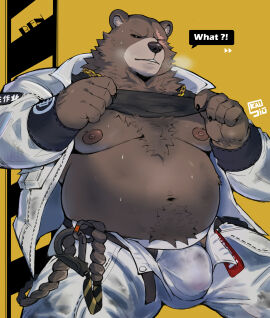 2024 anthro areola bara bear belly ben_bigger big_belly big_bulge big_muscles bodily_fluids body_hair bottomwear breath bulge claws clothed clothing english_text frown fur gold_(metal) gold_jewelry happy_trail hi_res huge_belly huge_bulge huge_muscles jacket jewelry kemono looking_at_viewer male male_only mammal meocondainhan mihoyo musclegut muscles muscular muscular_anthro muscular_male navel necklace nipples open_clothing open_jacket open_topwear overweight overweight_anthro overweight_male pants pecs pubes raised_clothing raised_shirt raised_tank_top raised_topwear scar shirt simple_background solo standing sweat talking_to_viewer tank_top text topwear tuft underwear unzipped yaoi yellow_background zenless_zone_zero zipper
