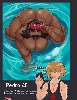 2boys ass ass_focus ass_up beard beard_stubble big_ass big_breasts big_butt breasts bubble_ass bubble_butt butt_focus covered_eyes dark-skinned_male dark-skinned_sub dark_skin dating_app dialogue dialogue_box dylan_(yozorac1) fully_clothed fully_clothed_human fully_clothed_male fully_nude gay gay_male glasses glasses_on_face glasses_on_forehead glasses_on_head glasses_only grindr hair_over_eye hair_over_eyes holding holding_glasses holding_object holding_phone long-haired_male long_hair looking_at_phone looking_up male male_focus male_only male_tits moustache muscular muscular_arms muscular_male muscular_thighs naked naked_male nude nude_male oc original_character original_characters pecs pecs_focus pectorals pedro_(yozorac1) phone phone_screen phone_view rose_tinted_glasses shiny shiny_ass shiny_body shiny_butt shiny_skin spanish spanish_text speech_bubble speech_bubbles suggestive suggestive_gesture suggestive_look suggestive_pose suggestive_posing suggestive_smile tank_top tanktop underwater underwater_view water yozorac1