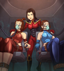 3girls avatar_legends avatar_the_last_airbender azula bondage bound corset earth_kingdom female female_only femdom femsub fire_nation fully_clothed interrogation katara latex latex_clothing multiple_females multiple_girls nonbender oxygen_mask shiny_clothes sleepystephbot stationary_restraints suki tight_clothing water_tribe