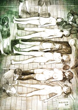 2boys 6+girls absurdres breasts choker commentary_request corpse death disorder! female female_death female_pubic_hair highres jacket large_breasts long_hair lying male monochrome morgue multiple_boys multiple_deaths multiple_females multiple_girls multiple_males nude on_back original panties pleated_skirt ponytail pregnant pubic_hair school_uniform short_hair single_sock skirt small_breasts socks thighhighs torn_clothes torn_thighhighs underwear