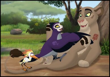 accipitrid accipitriform anga_(tlg) animal_genitalia anus avian beak bird bodily_fluids disney duo eagle feathers felid female female/female feral fur genital_fluids genitals group group_sex hi_res kaion lion male mammal martial_eagle ono pantherine sex tail tazama_(tlg) the_lion_guard the_lion_king trio wings