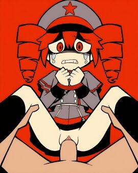 1boy 1girls absurd_res accurate_art_style ai_generated black_socks bondage bound_wrists chibi crying drill_hair duo falsegate first_porn_of_character flat_colors flat_shading gray_hat gray_skirt hat highres kasane_teto kasane_teto_(sv) male_pov mv_character penis penis_in_pussy pleated_skirt pov pussy red_background red_eyes red_hair red_velvet_revolt rope rope_around_wrist rope_bondage scared self_upload sex shaded_face simple_background skirt solid_color_background spread_legs spreading_legs stable_diffusion straight tears upskirt upskirt_sex vaginal_penetration vaginal_rape vaginal_sex