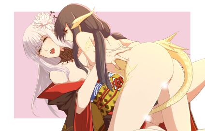 areola_slip ass au_ra black_choker black_hair breasts brown_eyes censored choker commentary completely_nude crying crying_with_eyes_open female final_fantasy final_fantasy_xiv flower grey_hair hair_flower hair_ornament hand_on_another's_back highres japanese_clothes kimono large_breasts long_hair nude nyasa obi off_shoulder open_mouth pink_background pussy pussy_juice red_kimono red_lips sash scales tail_insertion tail_sex tears twintails two-tone_background vaginal_penetration white_background white_flower white_hair yotsuyu_goe_brutus yugiri_mistwalker yuri