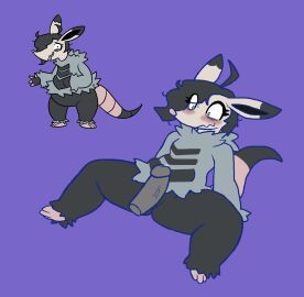 ambiguous_gender black_fur_markings blightdaymoon bodily_fluids constricted_pupils disembodied_penis eye_bags eye_through_hair eyelashes eyelashes_through_hair fakemon female female/ambiguous fur genitals green_eyes grey_body grey_fur hair hi_res male mammal marsupial messy_hair neeturnal nervous nervous_sweat pear-shaped_figure penis pupils simple_background small_pupils solo sweat thick_thighs translucent translucent_hair wide_hips