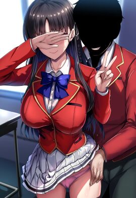 1boy 1girls advanced_nurturing_high_school_uniform black_hair black_thighhighs blazer blue_bow blush bow breasts classroom_of_the_elite closed_mouth collared_shirt commentary_request covering_own_eyes daiaru faceless faceless_male facing_viewer female hair_ribbon hand_on_another's_hip hand_on_hip highres horikita_suzune indoors jacket large_breasts long_hair long_sleeves male panties peace_sign pink_panties red_jacket ribbon school_uniform shirt skirt skirt_rolled_up straight thighhighs thighs underwear white_ribbon white_shirt white_skirt youkoso_jitsuryoku_shijou_shugi_no_kyoushitsu_e