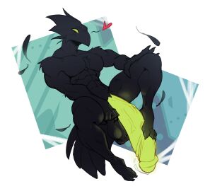abs animal_humanoid anthro avian avian_humanoid balls balls_tuft beak big_balls big_muscles big_pecs big_penis bird bird_humanoid black_body blush bodily_fluids broad_shoulders chest_tuft claws corvid corvus_(genus) crow digital_media_(artwork) dripping eirikbat erection feathers feet finger_claws foot_fetish foot_on_penis foot_play foreskin foreskin_play foreskin_pull genital_fluids genitals glowing glowing_genitalia glowing_penis green_eyes green_penis hi_res huge_balls huge_cock humanoid humanoid_genitalia humanoid_penis hyper hyper_balls hyper_genitalia hyper_penis male muscles muscular muscular_anthro muscular_male nude oscine passerine pecs penile penis precum precum_drip ryze_(phosphoruscrow) saggy_balls simple_background smile solo tail tail_feathers toe_claws tuft uncircumcised