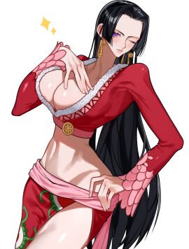 1girls bare_thighs big_breasts black-haired_female black_hair blush boa_hancock breasts clothed clothing colored female female_focus female_only hi_res inner_sideboob large_breasts light-skinned_female light_skin long_hair looking_at_viewer one_piece purple_eyes shounen_jump siokosho_kinoko solo solo_female tagme thick_thighs