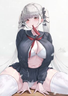 alternate_costume azur_lane black_sailor_collar black_serafuku black_shirt black_skirt blush bra breasts cg cleavage collarbone female formidable_(azur_lane) formidable_(the_lover's_heart_flutters_on_duty)_(azur_lane) grey_hair hair_ribbon large_breasts long_hair long_sleeves looking_at_viewer mouth_hold navel neckerchief panties pleated_skirt red_eyes red_neckerchief sailor_collar school_uniform serafuku shirt simple_background sitting skirt solo spread_legs thick_thighs thighhighs thighs twintails two-tone_ribbon underwear very_long_hair white_background white_bra white_panties white_thighhighs