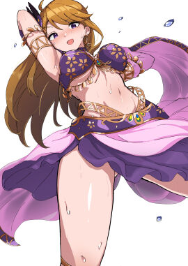 belly_dancer belly_dancer_outfit blonde_hair harem_girl harem_outfit ichi_k_y idolmaster idolmaster_million_live! long_hair looking_at_viewer purple_eyes skirt suou_momoko sweat tokoro_megumi