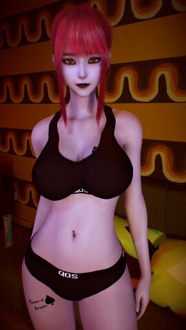 1girls 3d 4k bedroom big_breasts black_lipstick breasts brown_eyes chainsaw_man crashbanditkut ear_piercing eyelashes female female_focus hair hi_res high_resolution highres light-skinned_female light_skin lips lipstick long_eyelashes long_hair looking_at_viewer makima_(chainsaw_man) nail_polish navel navel_piercing panties piercing qos qos_clothing qos_tattoo queen_of_spades queen_of_spades_symbol queen_of_spades_tattoo red_hair shirt solo spade_tattoo virt-a-mate virtamate