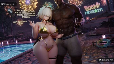 1boy 1boy1girl 1girls 2025 3d 3d_(artwork) areolae big_breasts bikini bikini_bottom bikini_top blonde_hair breasts busty champagne champagne_glass choker cuckold cuckold_pov curvaceous curvy dark-skinned_male dark_skin duo elegg_(nikke) english english_text eskandart female fireworks front_view glass goddess_of_victory:_nikke gold_bikini hair_covering_eyes hand_on_ass holding holding_glass holding_object huge_breasts interracial large_breasts light-skinned_female light_skin male male/female muscular muscular_male navel night nipples pool poolside short_hair shorts standing text thick_thighs topless unseen_male_face voluptuous wide_hips