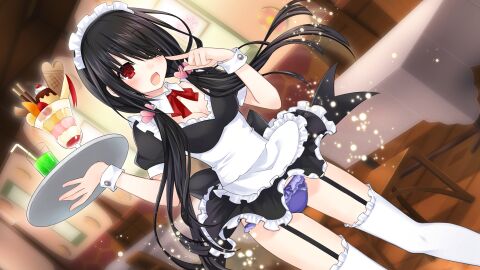 apron bare_arms black_hair blush breasts cleavage date_a_live female game_cg garter_belt garter_straps hair_covering_eye holding_tray long_hair maid_headdress maid_outfit maid_uniform medium_breasts miniskirt official_art open_mouth panties purple_panties red_eyes ribbon skirt skirt_lift surprised thighhighs thighs tokisaki_kurumi tsunako white_thighhighs zettai_ryouiki