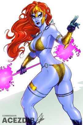 acezdib armor ass blue_skin breasts chainmail chainmail_bikini curvaceous female female_only large_ass large_breasts magic marvel marvel_comics red_hair red_sonja red_sonja_(comics) revealing_clothes staff ultraverse