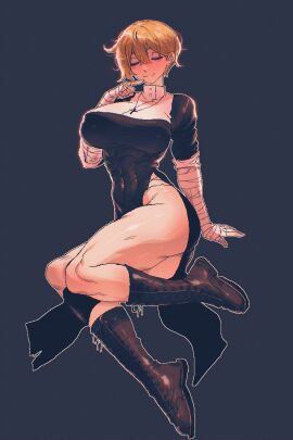 1girls abs athletic athletic_female bandage_gloves bandages bare_legs bell_(spoiledmuffin) big_breasts black_background black_dress blonde_hair boots breasts closed_eyes cross cross_necklace dress female female_human finger_on_cheek fingerless_gloves fit fit_female human kneehigh_boots large_breasts light-skinned_female light_skin mature_female muscular muscular_female navel necklace nipple_bulge nipples nipples_visible_through_clothing no_bra no_bra_under_clothes nun nun's_habit nun_outfit original pelvic_curtain pixel_art pointing_at_self slim_waist smile solo spoiledmuffin thick_thighs wide_hips