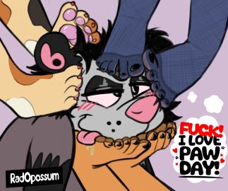 ambiguous_gender ambiguous_species american_opossum anthro black_hair bodily_fluids calico_cat calico_pattern claws clothing colored_nails colored_toenails domestic_cat drooling feet felid feline felis foot_fetish foot_focus footwear hair hindpaw legwear lion mammal marsupial nails pantherine pantyhose pawpads paws pink_eyes pink_nose profanity rad_(radopossum) radopossum saliva socks soles solo stockings toe_claws toenails toes virginia_opossum