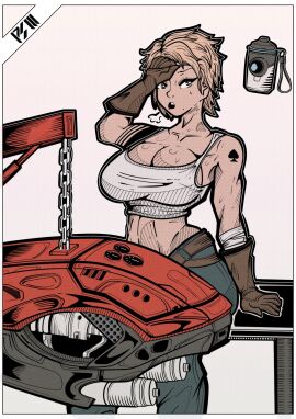 1girls amanda_holliday bandage bare_arms bare_shoulders big_breasts blonde blonde-haired_female blonde_female blonde_hair blue_eyes breasts bungie cleavage clothed clothing color crop_top destiny_(game) destiny_2 female female_focus female_only fit fit_female ghost_(destiny) gloves hi_res large_breasts light-skinned_female light_skin mechanic midriff short_hair solo solo_female spacemagic_(artist) sweat sweating tagme tattoo tattoo_on_arm tattooed_arm tattoos thick_thighs tomboy