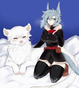 1girls big_breasts big_thighs blue_eyes blue_hair breasts cat_ears cat_tail clothed coat female gloves legwear oc original original_character petting snow thick_thighs winter winter_clothes winter_coat