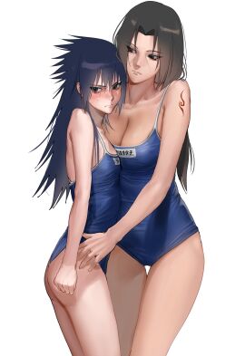 2girls ass bangs black_eyes black_hair blue_one-piece_swimsuit blue_swimsuit blush breast_press breasts cleavage closed_mouth clothing competition_school_swimsuit competition_swimsuit cowboy_shot denggu_5 embarrassed female genderswap genderswap_(mtf) high_resolution large_breasts long_hair looking_at_viewer medium_breasts multiple_females multiple_girls name_tag naruto naruto_(series) naruto_shippuden one-piece_swimsuit rule_63 sasuke_uchiha sasuko shiny short_hair siblings simple_background sisters small_breasts standing straight_hair sweatdrop swimsuit tank_suit tattoo thigh_gap thighs uchiha_itachi uchiha_sasuke white_background yuri