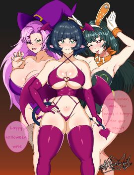 astra_yao big_breasts bunny_ears bunny_pose cosplay demon_tail dialogue green_eyes halloween hands_behind_head jane_doe_(zenless_zone_zero) kitsunekhi nicole_demara pink_hair pov succubus succubus_costume tree_girl twitter_username witch witch_hat zenless_zone_zero