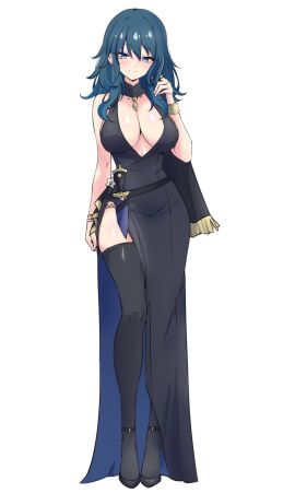 1girls absurdres bangle bare_shoulders black_dress black_footwear blue_eyes blue_hair bracelet breasts byleth_(fire_emblem) byleth_(fire_emblem)_(female) cleavage dress female female_only fire_emblem fire_emblem:_three_houses high_heels high_slit_dress highres jewelry large_breasts latte latte_daruta2 looking_at_viewer medium_breasts nintendo plunging_neckline side_slit simple_background single_slit_dress slit_dress smile solo thighhighs twirling_hair white_background