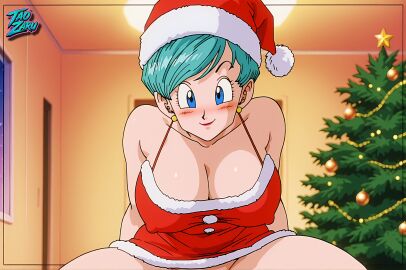 ai_assisted ai_generated big_ass big_breasts bulma_(dragon_ball) bulma_briefs christmas christmas_tree cute dragon_ball dragon_ball_super dragon_ball_z nipples patreon saga_(series) santa_claus santa_costume santa_hat taozaru