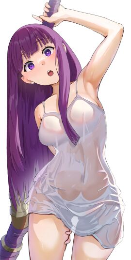 1girls absurd_res absurdres adult adult_female arm_above_head arm_up armpits belly belly_button blunt_bangs breasts busty busty_female camisole collarbone curvy curvy_body curvy_female curvy_figure curvy_hips dot_nose dress elbows eyebrows_visible_through_hair female female_focus female_only fern_(sousou_no_frieren) fingers hand_above_head hand_on_leg hand_on_own_leg hand_on_own_thigh hand_on_thigh hand_up head_tilt high_resolution highres hourglass_figure large_breasts lean_figure legs light-skined_female light-skinned_female light_skin long_hair looking_at_viewer mage mature_female narrow_waist navel open_mouth outfit parted_lips purple-eyed_female purple-haired_female purple_eyebrows purple_eyes purple_hair see-through see-through_clothing see-through_dress see-through_shirt see-through_top shoulders simple_background slender_body slender_waist slim_female slim_waist solo sousou_no_frieren staff standing thick_thighs thighs thin_waist tilted_head tongue topwear upper_body upper_teeth wet_dress wet_topwear white_background white_camisole white_dress white_outfit white_topwear wide_hips yami_anko