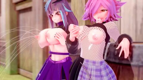 3d 3d_animation 3d_model animated areola areolae big_breasts breasts breasts_out emikukis exposed_breasts female grabbing_breasts hands_on_breasts lactation latam_virtual_youtuber lifted_shirt multicolored_hair multiple_females multiple_girls neneefthy nipples pink_hair shai_zoe shaizoe shirt_lift short_hair tagme video virtual_youtuber vtuber yellow_eyes