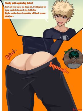 2boys ass big_ass big_butt blonde_hair butt_crush fat_ass fat_butt giant giant_male green_eyes green_hair huge_ass huge_butt izuku_midoriya katsuki_bakugou macro macro_male macrophilia male male_only micro micro/macro micro_on_macro microphilia my_hero_academia red_eyes shounen_jump size_difference smolmageroni text text_bubble thick_ass thick_butt