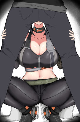1boy 1girls belt black_choker black_footwear black_hair black_pants black_sports_bra breasts choker cleavage female grace_howard hands_on_another's_thighs highres implied_fellatio large_breasts male metameta_gross midriff oral pants saliva saliva_trail simple_background sports_bra squatting thighs wise_(zenless_zone_zero) zenless_zone_zero zipper