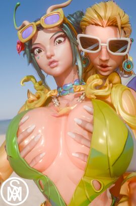 2girls big_areola big_breasts big_nipples blonde_hair blue_eyes blue_hair grabbing_breasts grabbing_from_behind invisible_woman_(marvel_rivals) mantis_(marvel) mantis_(marvel_rivals) marvel marvel_comics marvel_rivals middlemansfm outdoors outside sue_storm sunglasses suprised swimsuit tagme wet wet_skin white_fingernails