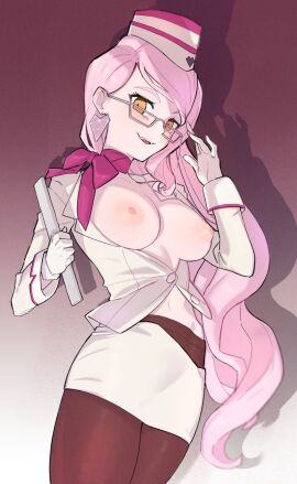 breasts doka_yuki_(tsumorisugi) exposed_belly exposed_breasts fate/grand_order fate_(series) female glasses koyanskaya_(fate) koyanskaya_(foreigner) koyanskaya_(foreigner)_(first_ascension)_(fate) koyanskaya_(foreigner_first_ascension) pantyhose pink_hair