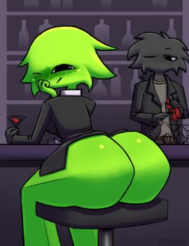 1boy 1girls ass ass_focus bar big_ass black_body blush bottomless cocktail_glass drunk female glass green_body inviting looking_at_another looking_at_viewer male one_eye_closed polygon purple_background sitting smile spin_syudo stool suit tiimooner wine zellie_(spin_syudo)