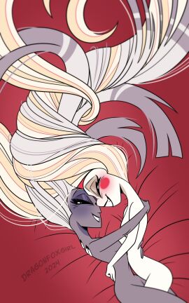 2girls bisexual bisexual_female blush charlie_morningstar_(hazbin_hotel) dragonfoxgirl female happy hazbin_hotel hugging lesbians naked soft_porn softcore tangled_hair tasteful_nudity vaggie_(hazbin_hotel) wholesome yuri