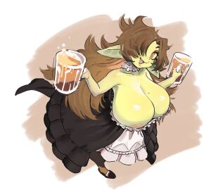 1girls barmaid barmaid_outfit beer_mug breasts female female_only gloomymaid goblin goblin_female green-skinned_female green_skin huge_breasts nipples original shortstack solo tagme tyoinked