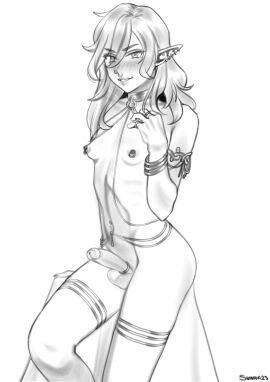 absurdres balls blush bracelet breasts ear_piercing erection face_piercing feet_out_of_frame female futanari greyscale hair_between_eyes highres intersex jewelry long_hair looking_at_viewer monochrome multiple_rings nilsunna nipple_piercing nipple_rings nipples nose_piercing nose_ring original penis piercing pointy_ears ring simple_background small_breasts solo standing testicles uncensored white_background