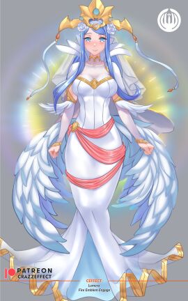 1girls alternate_costume alternate_version_available bangs blue_eyes blue_hair bodystocking breasts bridal_veil bride collarbone crazzeffect detached_sleeves dress female female_only fire_emblem fire_emblem_engage flower full_body glowing grey_background hair_flower halterneck large_breasts light long_hair long_sleeves looking_at_viewer lumera_(fire_emblem) mature mature_female nintendo see-through smile solo veil wedding_dress