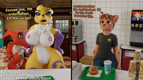 2024 3d absurd_res angry anthro areola bacn bandai_namco big_breasts blue_eyes blush breasts burger canid canine casual casual_nudity claws clothed clothed/nude clothing comic detailed_background dialogue digimon digimon_(species) digital_media_(artwork) dominant dominant_female english_text fast_food female food fox genitals group guilmon guilmon_(bacn) hair hi_res huge_breasts looking_at_viewer male mammal multiple_boys navel nipples nude nudist open_mouth public public_nudity pussy renamon renamon_(bacn) scalie shy teeth text trio white_body yellow_body
