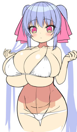 bangs big_breasts bikini blue_hair blush breasts cleavage collarbone female hair_between_eyes hair_ribbon hourglass_figure huge_breasts line_art long_hair nipples_visible_through_clothing pink_eyes riko_(shuz) shortstack shuz_(dodidu) skindentation slim_waist solo squished_breasts thick_thighs tight_clothing top_heavy twintails wide_hips