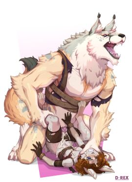 1boy animal_ears animal_penis anthro_only artist_name body_fur breasts brown_fur brown_gloves brown_hair cum cum_drip cum_in_pussy cum_on_body cum_on_breasts cum_on_face cum_on_hair cum_on_lower_body d-rex female femsub furry furry_with_furry gloves grey_fur highres huge_cock interspecies larger_male leaking_cum lying male maledom on_back open_mouth original penis pink_eyes pussy rabbit_ears rabbit_girl rabbit_tail sharp_teeth shorts size_difference smaller_female straight tail teeth tongue torn_clothes torn_shorts uncensored werewolf white_background white_fur