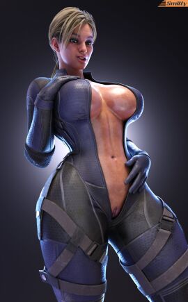 3d big_breasts blender blonde_hair bodysuit breasts exposed_breasts exposed_pussy female jill_valentine jill_valentine_(blonde) jill_valentine_(sasha_zotova) navel no_bra no_panties ponytail pussy resident_evil resident_evil_5 smitty34 solo solo_female straps tagme thick_thighs thigh_strap unzipped unzipped_bodysuit