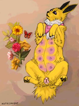 animal_genitalia animal_pussy canine_genitalia canine_pussy eeveelution female feral flower furry furry_only generation_1_pokemon genitals jolteon kutsiihvost lying multi_nipple nintendo nipples non-human_areolae on_back plant pokemon pokemon_(species) pregnant pregnant_female pregnant_feral pussy solo teats