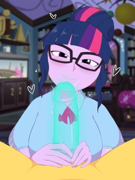 confusedsabron equestria_girls female glasses handjob multicolored_hair my_little_pony sunset_shimmer twilight_sparkle_(eg) twilight_sparkle_(mlp)