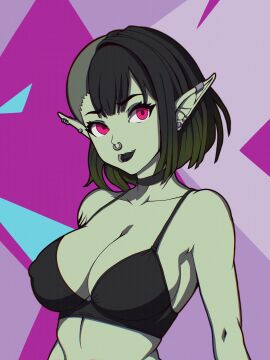 1girls 2024 arm_tattoo asymmetrical_hair azala_frostreaver bikini_top black_lipstick breasts canuckuma choker cleavage cowboy_shot deep_cleavage ear_piercing earrings female female_focus female_only lip_piercing long_ears looking_at_viewer nipple_bulge ombre_hair orc orc_female original pinup pointy_ears purple_eyes red_eyes septum_piercing short_hair side_shave sideboob solo solo_female solo_focus tattoo