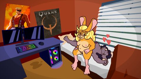 absurd_res after_sex anthro beanwater bodily_fluids computer detailed_background dipodid dipsy_fischer_(beanwater) duke_nukem_(series) duo electronics eyewear female female/female floating_hearts fur genital_fluids genitals glasses grey_body grey_fur hi_res jerboa mammal microsoft murid murine murna_(beanwater) nipples nude pussy quake rat rgb_keyboard rodent slightly_chubby under_covers vaginal_fluids yellow_body yellow_fur