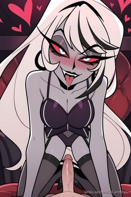 ai ai_generated black_lips blush breasts carmilla_carmine cock demon demon_girl demon_humanoid drool drooling drooling_tongue earrings eyeliner fangs female_demon grey_skin hazbin_hotel heart hearts_around_head hellaverse lingerie long_hair mature mature_female mature_woman milf on_knees penis purple_lingerie red_eyes saliva sinner_demon skimpy_clothes skimpy_outfit small_penis stockings tongue tongue_out white_hair white_pupils