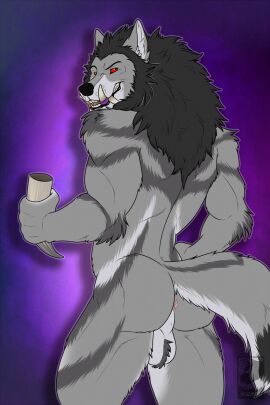 2024 anthro anus ass backsack balls ballsack blizzard_entertainment canid canine fangs fur genitals grey_body grey_fur hi_res inviting looking_at_viewer looking_back male mammal mane mjodvitnir muscular muscular_anthro muscular_male mythological_canine mythological_creature mythology nude perineum presenting presenting_hindquarters raised_tail red_eyes simple_background solo tail teeth tigran_the_werewolf warcraft werecanid werecanine werecreature werewolf worgen worgen_with_tail world_of_warcraft